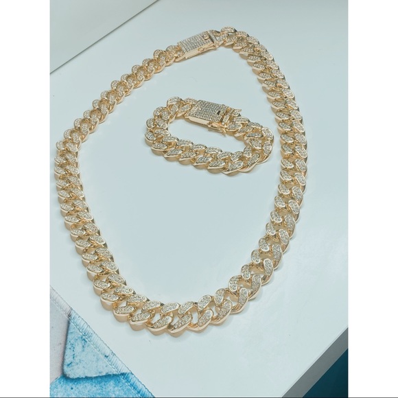 18K Men Cuban Gold Plated Diamond Chain Set Bracelet it will not turn will last - Picture 2 of 7